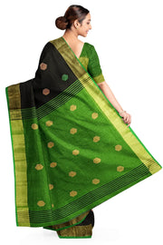 Handloom  cotton  saree in black &  green with polka dots &  tissue border