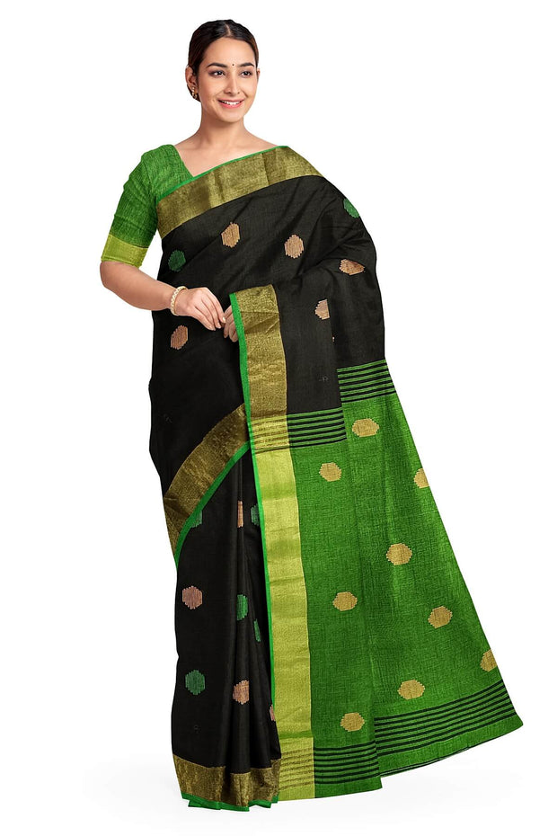 Handloom  cotton  saree in black &  green with polka dots &  tissue border