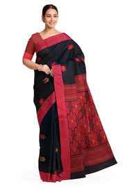 Handloom  cotton saree with  floral motifs in black with jamdani pallu