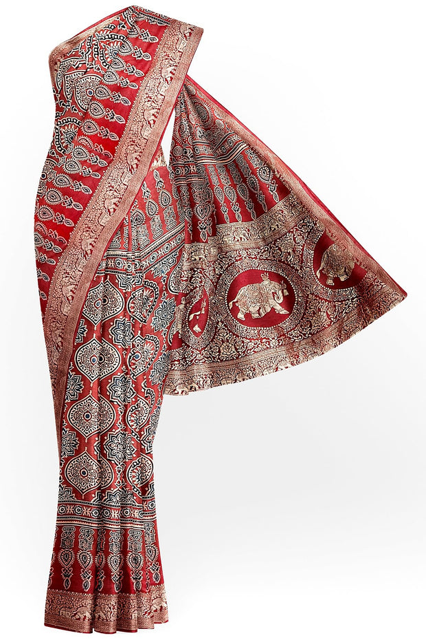 Dola silk saree in big floral  motifs  in red
