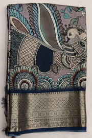 Dola silk saree with floral vines & peacocks in grey