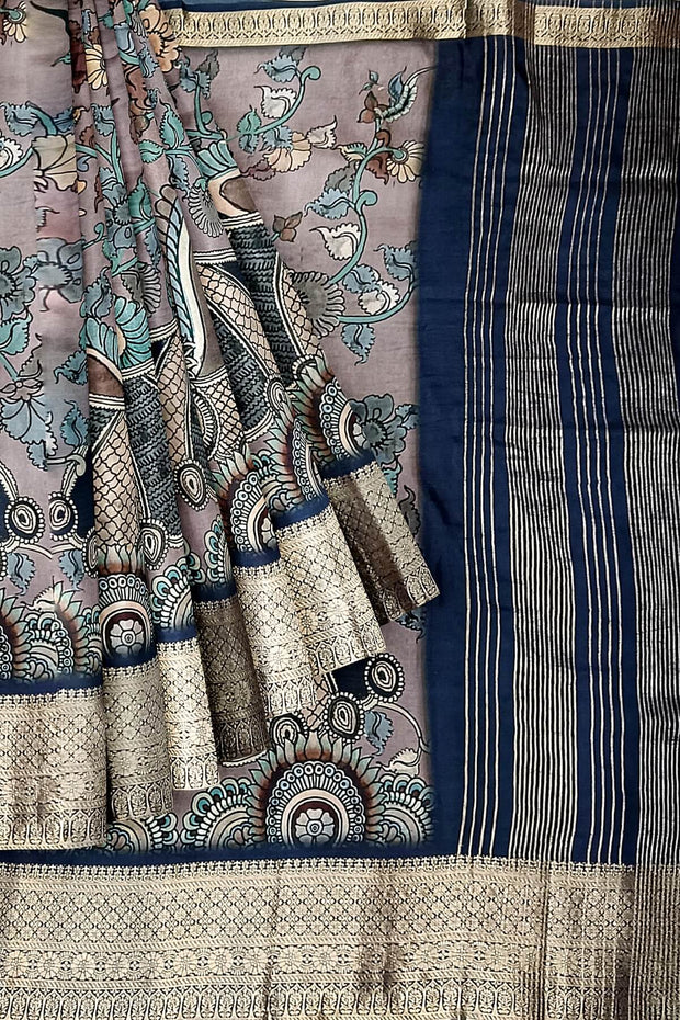 Dola silk saree with floral vines & peacocks in grey