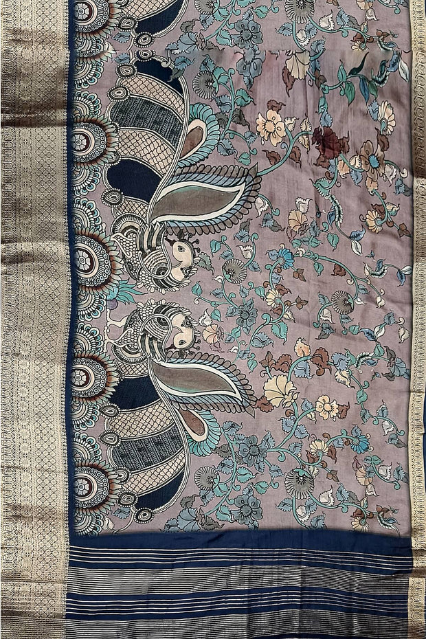 Dola silk saree with floral vines & peacocks in grey