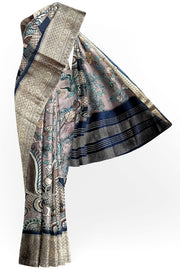 Dola silk saree with floral vines & peacocks in grey