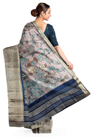 Dola silk saree with floral vines & peacocks in grey