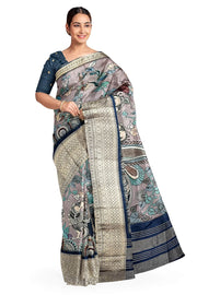 Dola silk saree with floral vines & peacocks in grey