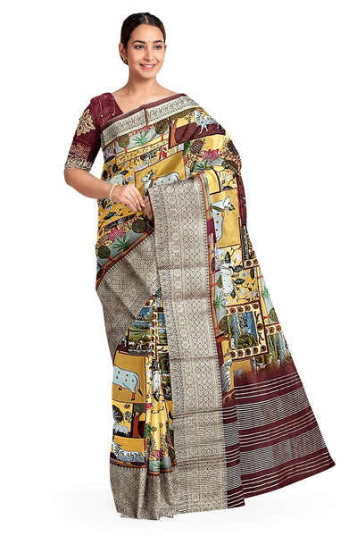 Dola silk saree in pichwai design in yellow