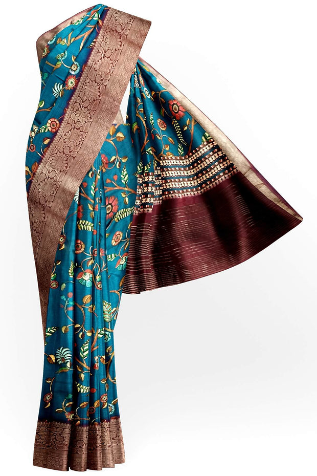 Dola silk saree in floral vines in prussian blue