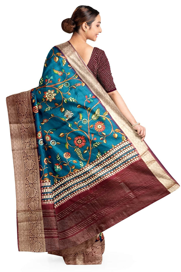 Dola silk saree in floral vines in prussian blue