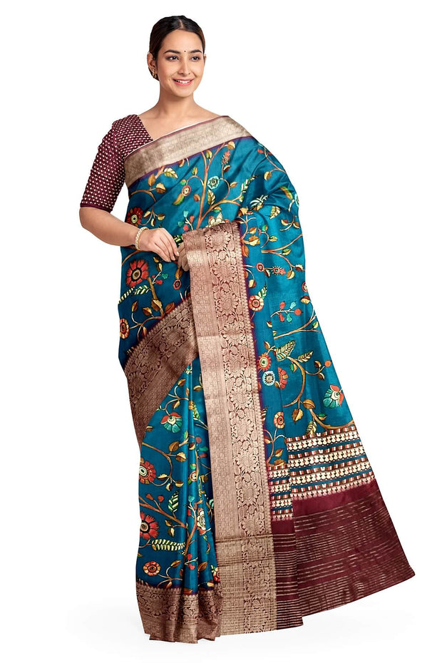 Dola silk saree in floral vines in prussian blue