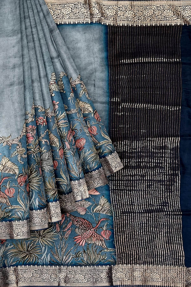 Dola silk saree with flora & fauna in ash grey