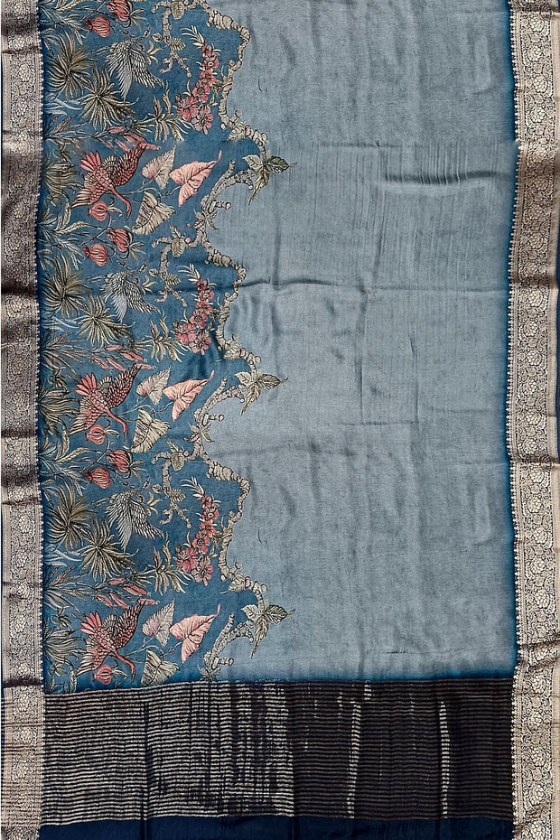 Dola silk saree with flora & fauna in ash grey