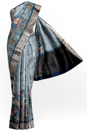 Dola silk saree with flora & fauna in ash grey