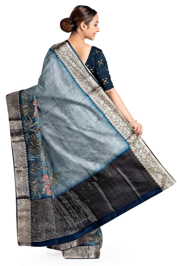 Dola silk saree with flora & fauna in ash grey