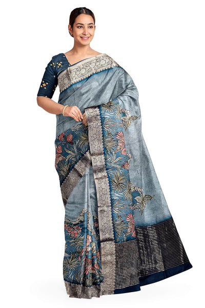 Dola silk saree with flora & fauna in ash grey