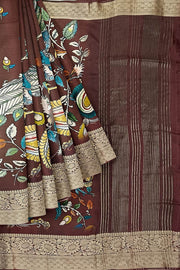 Dola silk saree with floral vines , peacocks and paisley motifs in brown