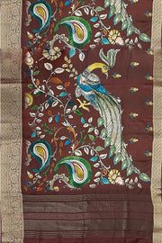 Dola silk saree with floral vines , peacocks and paisley motifs in brown