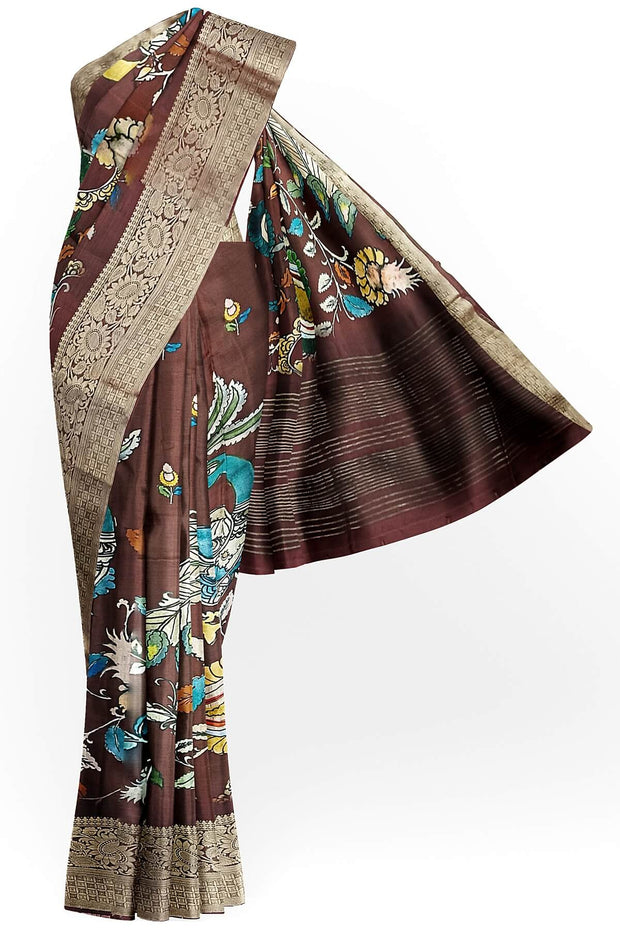 Dola silk saree with floral vines , peacocks and paisley motifs in brown