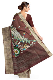 Dola silk saree with floral vines , peacocks and paisley motifs in brown