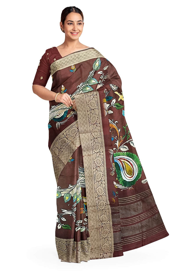 Dola silk saree with floral vines , peacocks and paisley motifs in brown