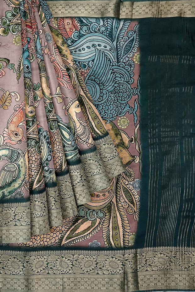 Dola silk saree with floral vines & peacocks in chickoo colour