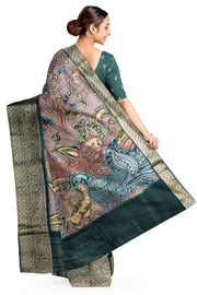 Dola silk saree with floral vines & peacocks in chickoo colour