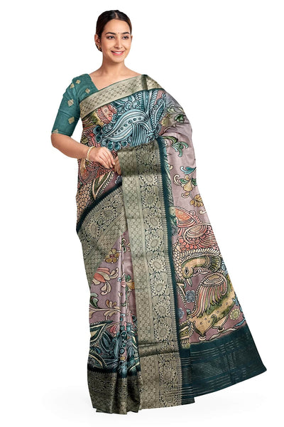 Dola silk saree with floral vines & peacocks in chickoo colour