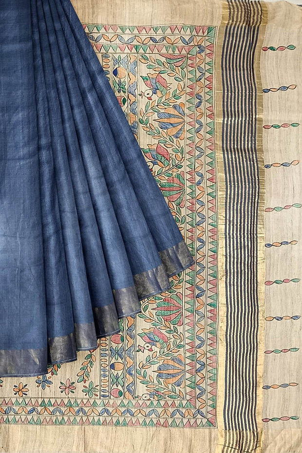 Handwoven Eri silk saree in grey with hand painted Madhubani art