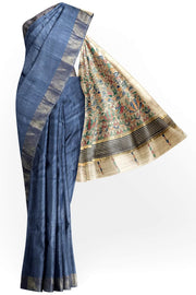 Handwoven Eri silk saree in grey with hand painted Madhubani art