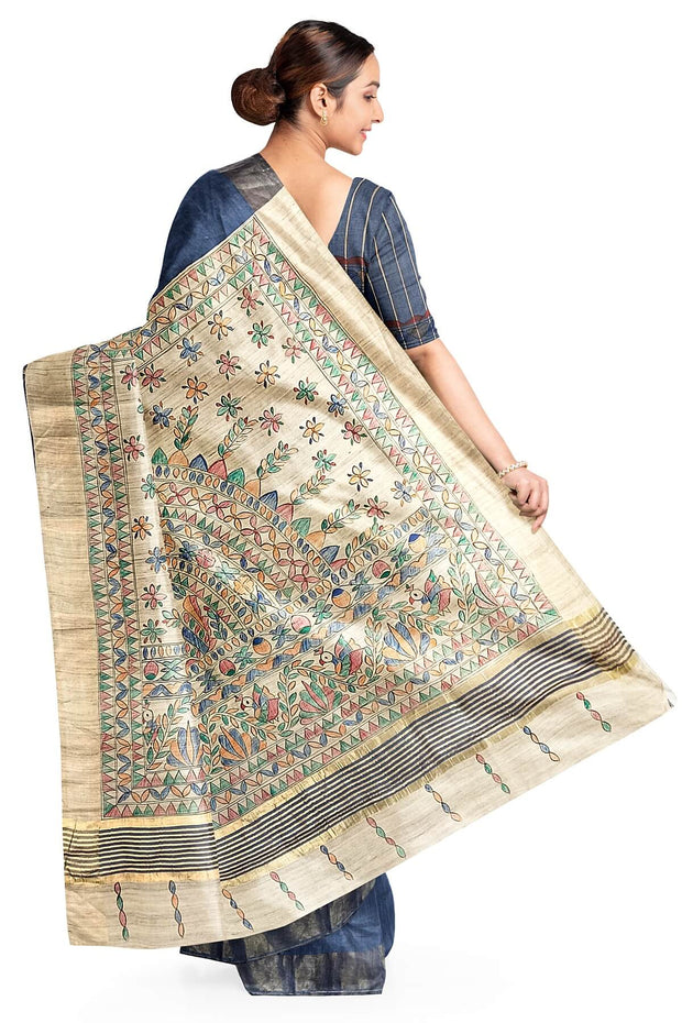 Handwoven Eri silk saree in grey with hand painted Madhubani art