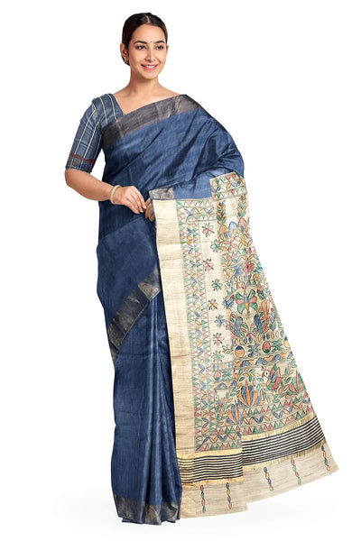 Handwoven Eri silk saree in grey with hand painted Madhubani art