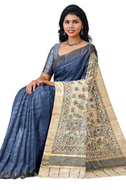 Handwoven Eri silk saree in grey with hand painted Madhubani art