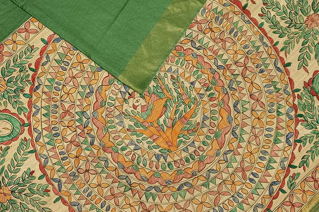 Handwoven Eri silk saree in moss green with hand painted Madhubani art