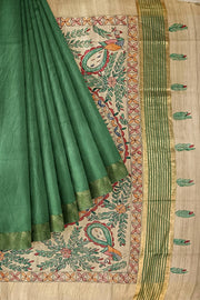 Handwoven Eri silk saree in moss green with hand painted Madhubani art