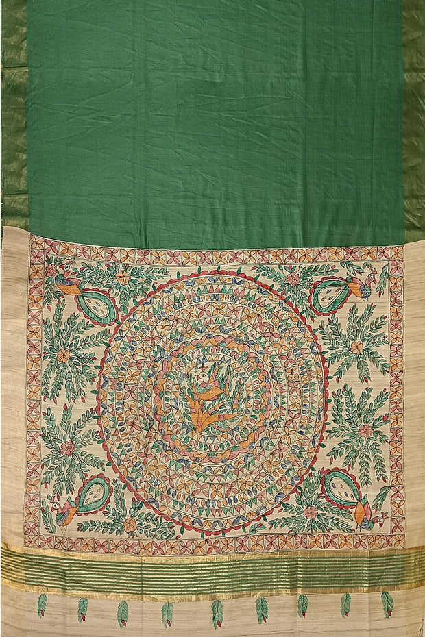 Handwoven Eri silk saree in moss green with hand painted Madhubani art