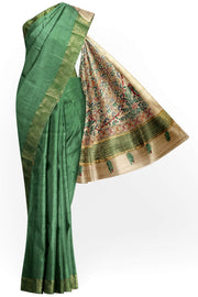 Handwoven Eri silk saree in moss green with hand painted Madhubani art