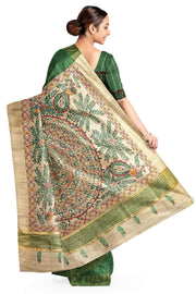 Handwoven Eri silk saree in moss green with hand painted Madhubani art