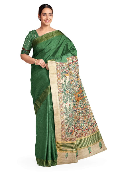 Handwoven Eri silk saree in moss green with hand painted Madhubani art