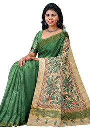 Handwoven Eri silk saree in moss green with hand painted Madhubani art