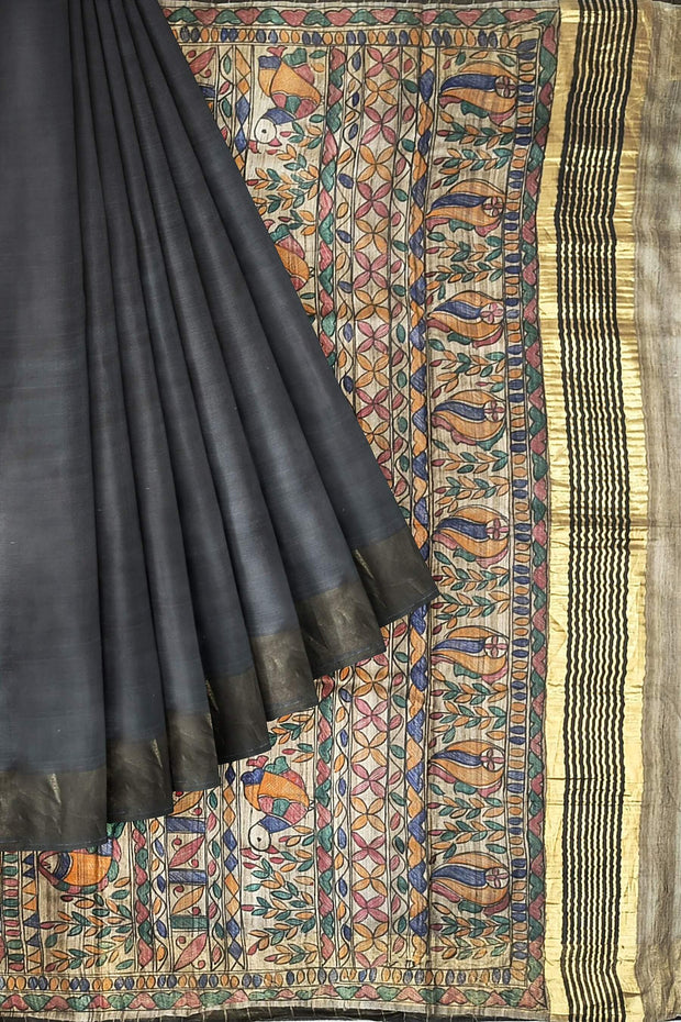 Handwoven Eri silk saree in black with hand painted Madhubani art on pallu.