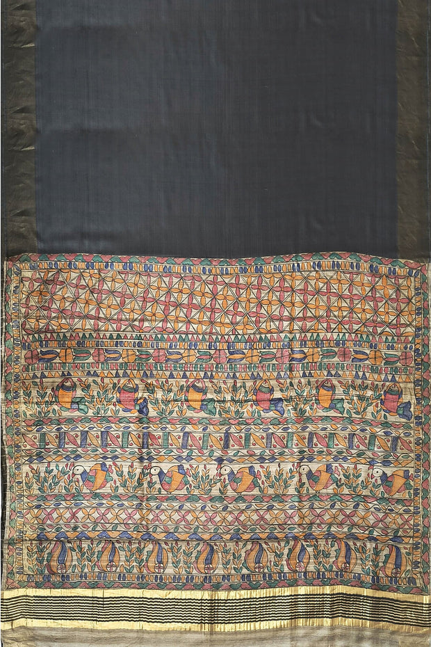 Handwoven Eri silk saree in black with hand painted Madhubani art on pallu.