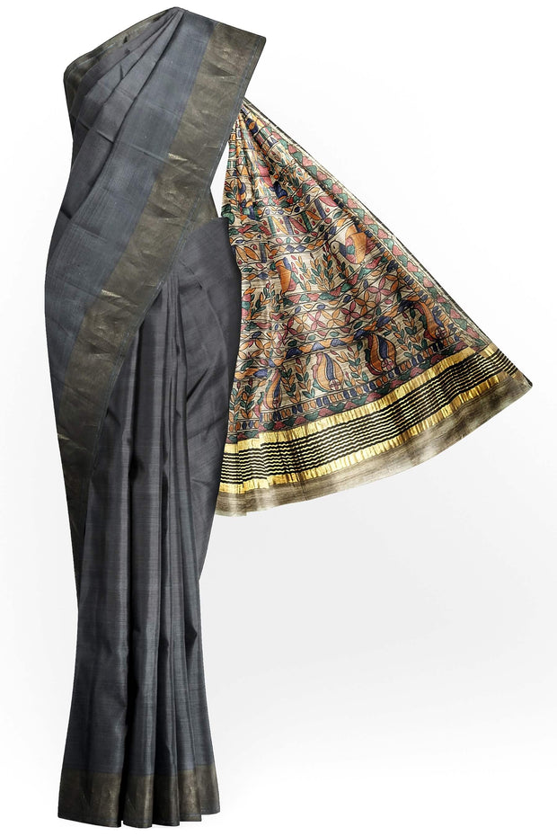 Handwoven Eri silk saree in black with hand painted Madhubani art on pallu.