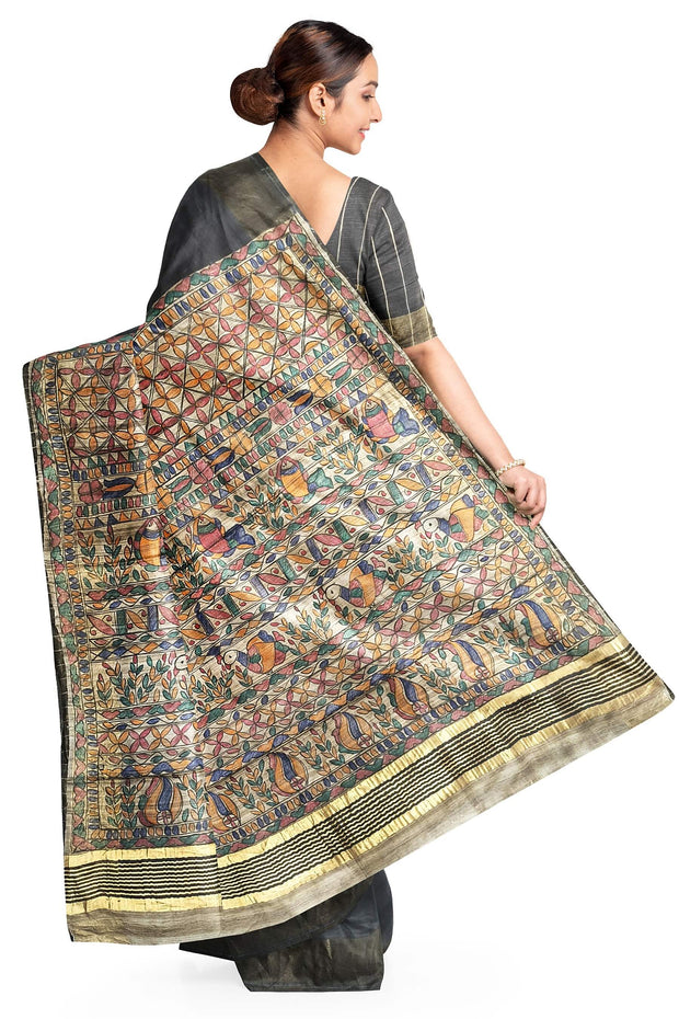 Handwoven Eri silk saree in black with hand painted Madhubani art on pallu.