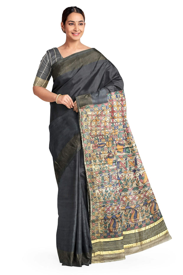 Handwoven Eri silk saree in black with hand painted Madhubani art on pallu.