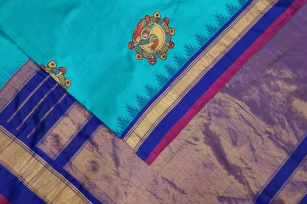 Hand painted pen kalamkari applique work on handloom Gadwal pure silk saree in &nbsp;self checks and stripes pattern