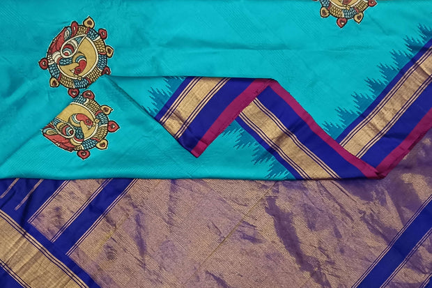 Hand painted pen kalamkari applique work on handloom Gadwal pure silk saree in &nbsp;self checks and stripes pattern