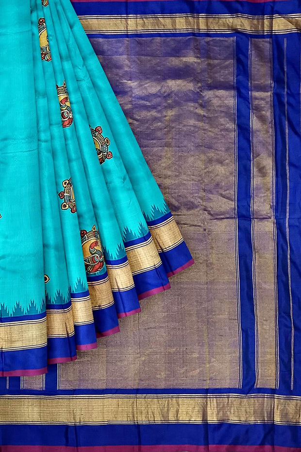 Hand painted pen kalamkari applique work on handloom Gadwal pure silk saree in &nbsp;self checks and stripes pattern