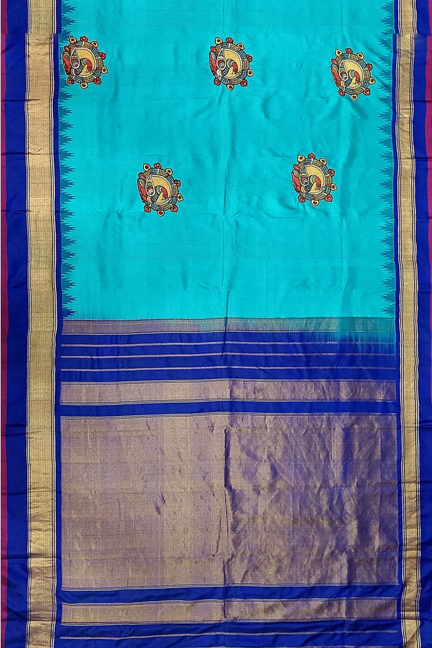 Hand painted pen kalamkari applique work on handloom Gadwal pure silk saree in &nbsp;self checks and stripes pattern