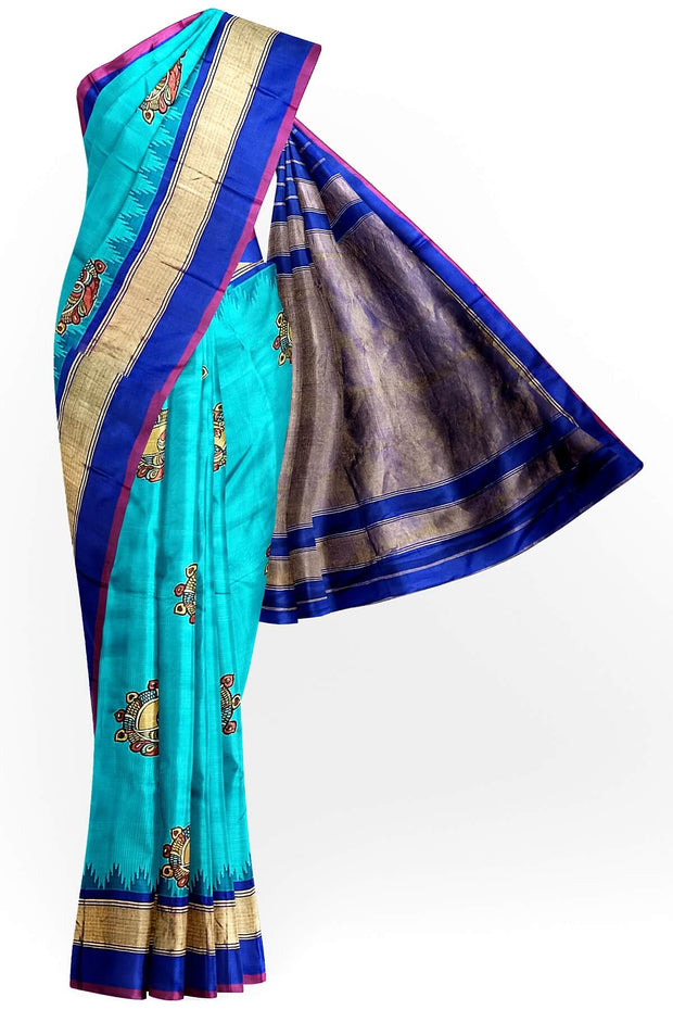 Hand painted pen kalamkari applique work on handloom Gadwal pure silk saree in &nbsp;self checks and stripes pattern