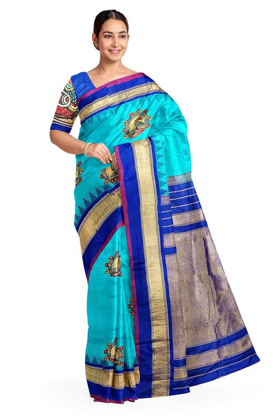 Hand painted pen kalamkari applique work on handloom Gadwal pure silk saree in &nbsp;self checks and stripes pattern